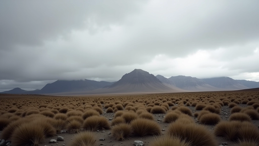 Paisaje de estepa bajo cielo gris con nubes bajas durante invierno patagónico
