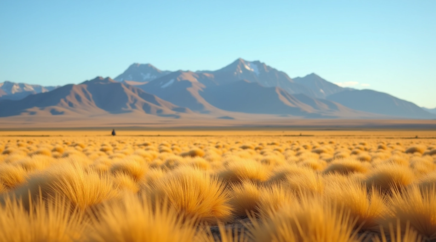 Vista panorámica de la estepa patagónica con pastizales dorados y montañas al fondo