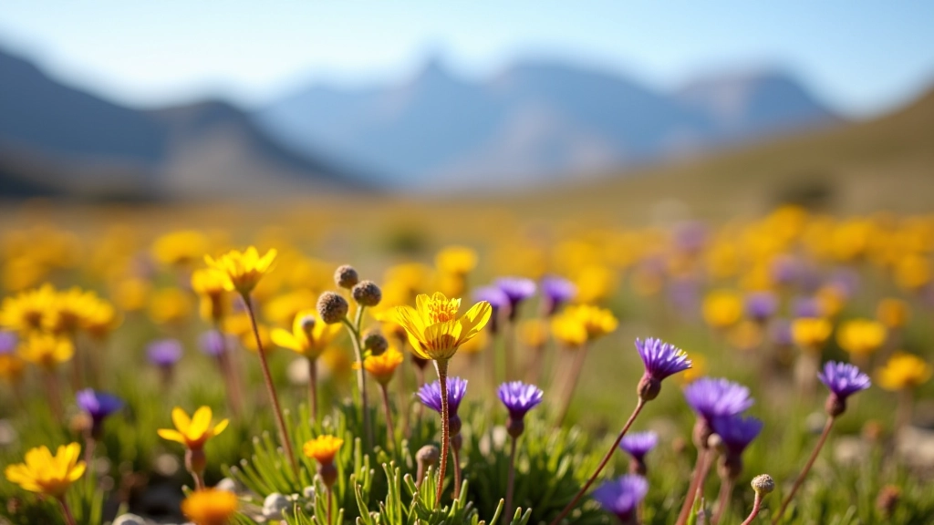Flores silvestres de colores brillantes en primer plano sobre terreno de estepa con montañas de fondo bajo cielo parcialmente nublado