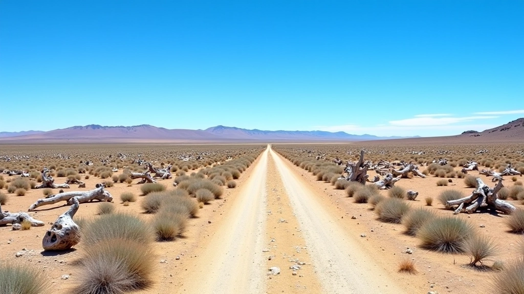 Panorama de la ruta del Bosque Petrificado mostrando troncos fosilizados dispersos en el terreno árido con cielo azul
