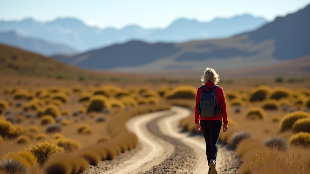 Persona caminando por sendero de la estepa con vistas amplias de paisaje montañoso bajo cielo despejado